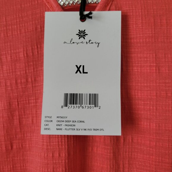 A Love Story Top NEW Coral embellished rhinestones flutter sleeve SIZE XL NWT - Picture 6 of 10